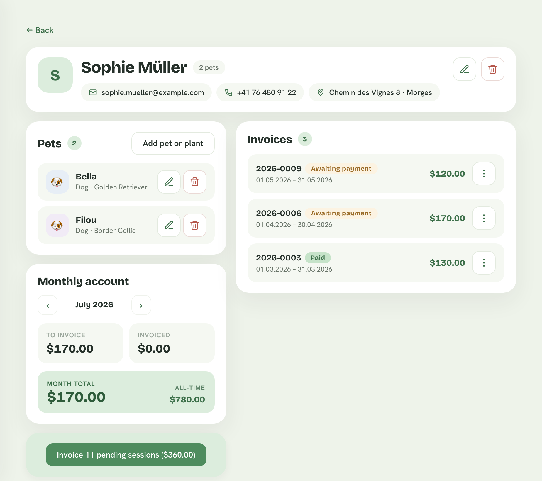 Client profile in Pongo: pet list, monthly account and sent summaries