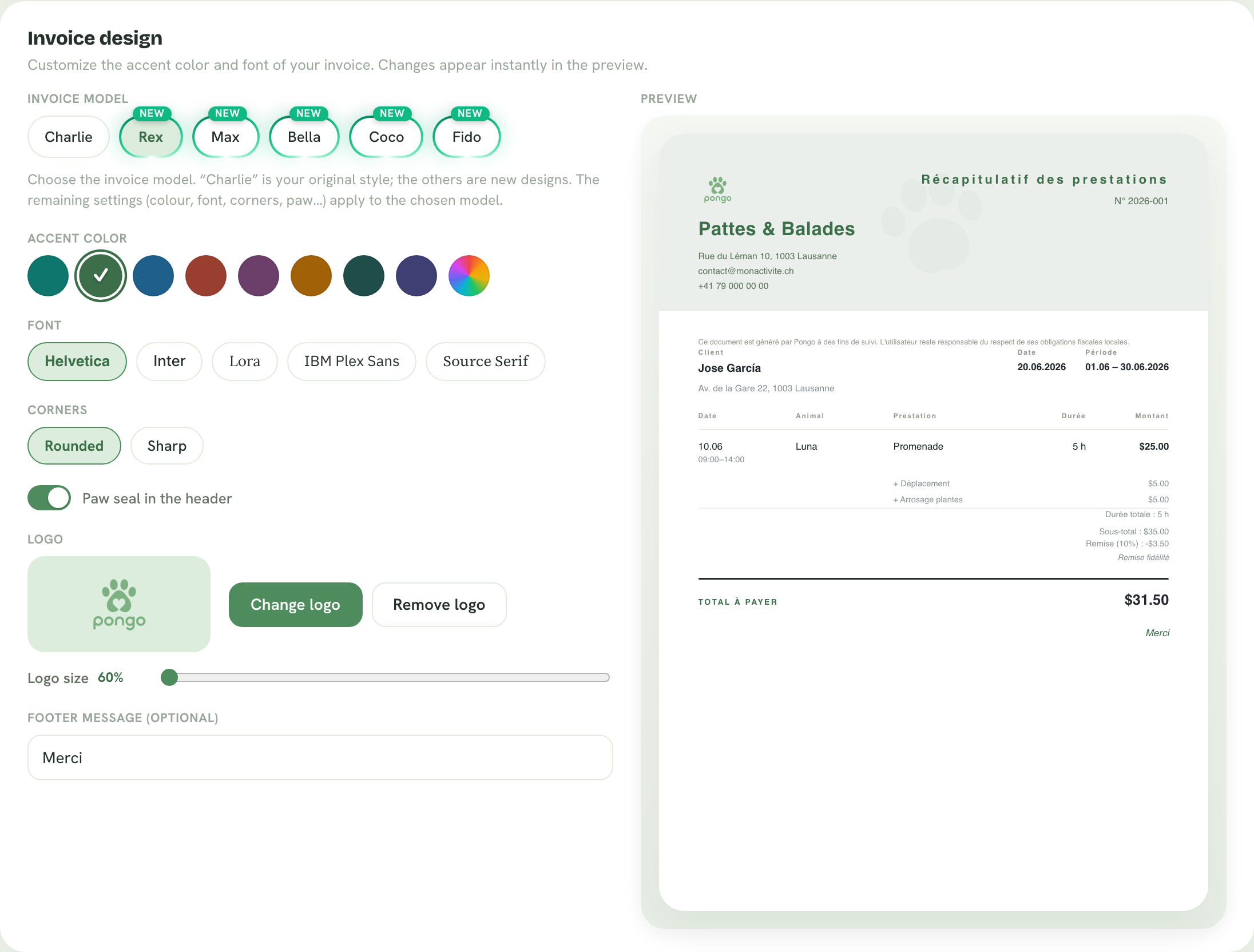 Pongo summary editor: color and font pickers with a live preview and payment IBAN