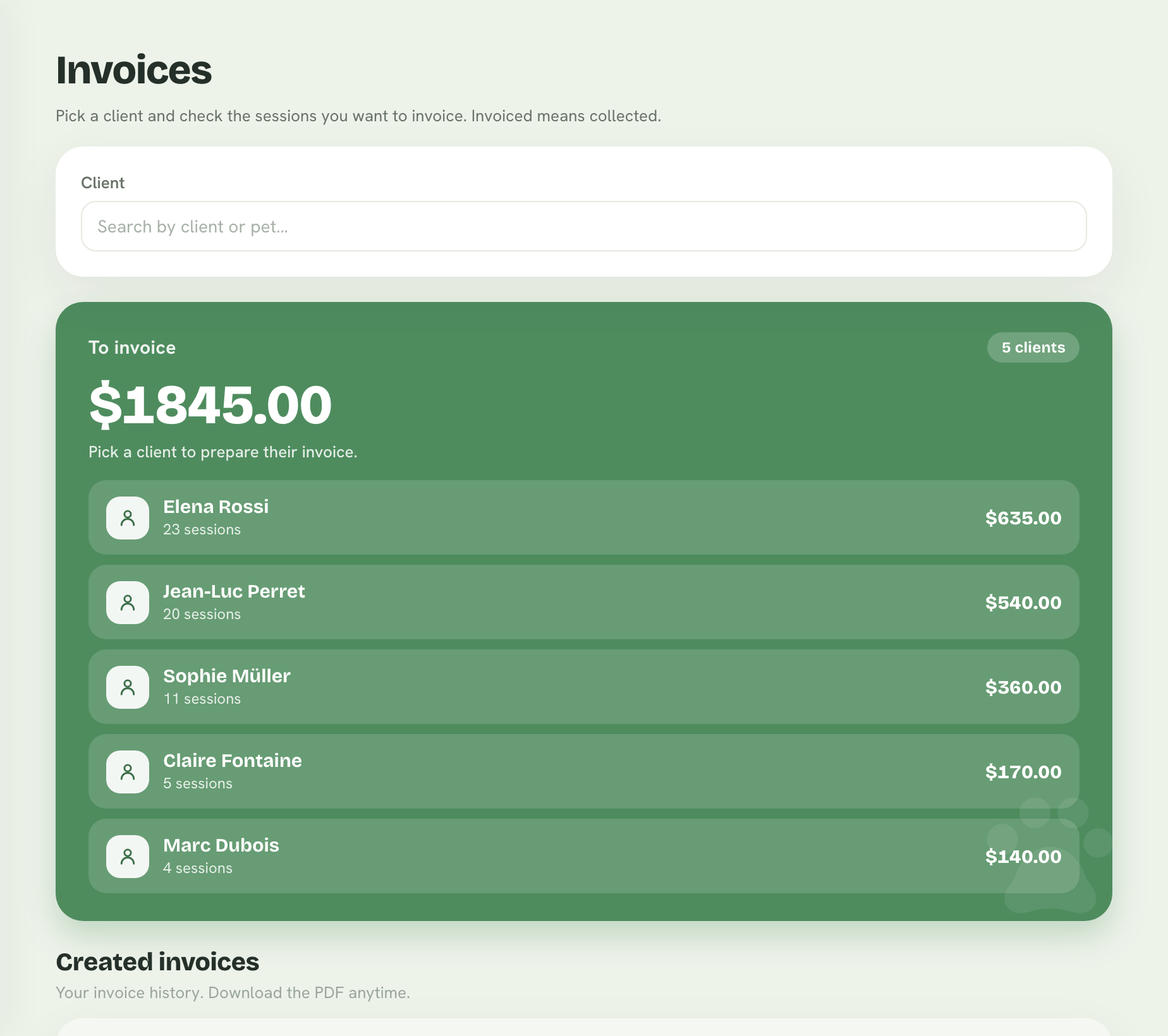 Summary list in Pongo showing status, period and total in euros