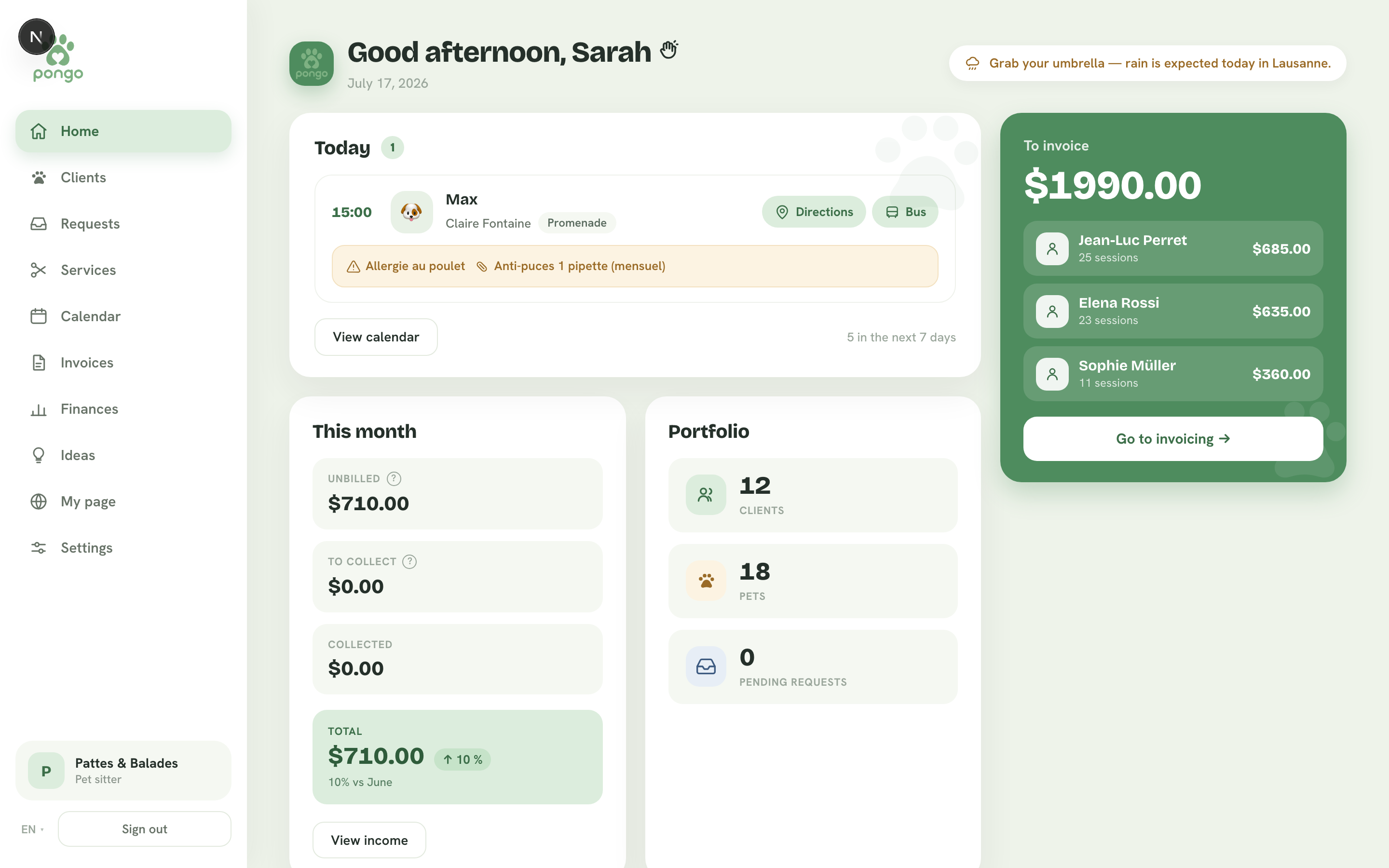 Pongo dashboard: morning greeting, weather, today's session, monthly income and 'to summarize' block.