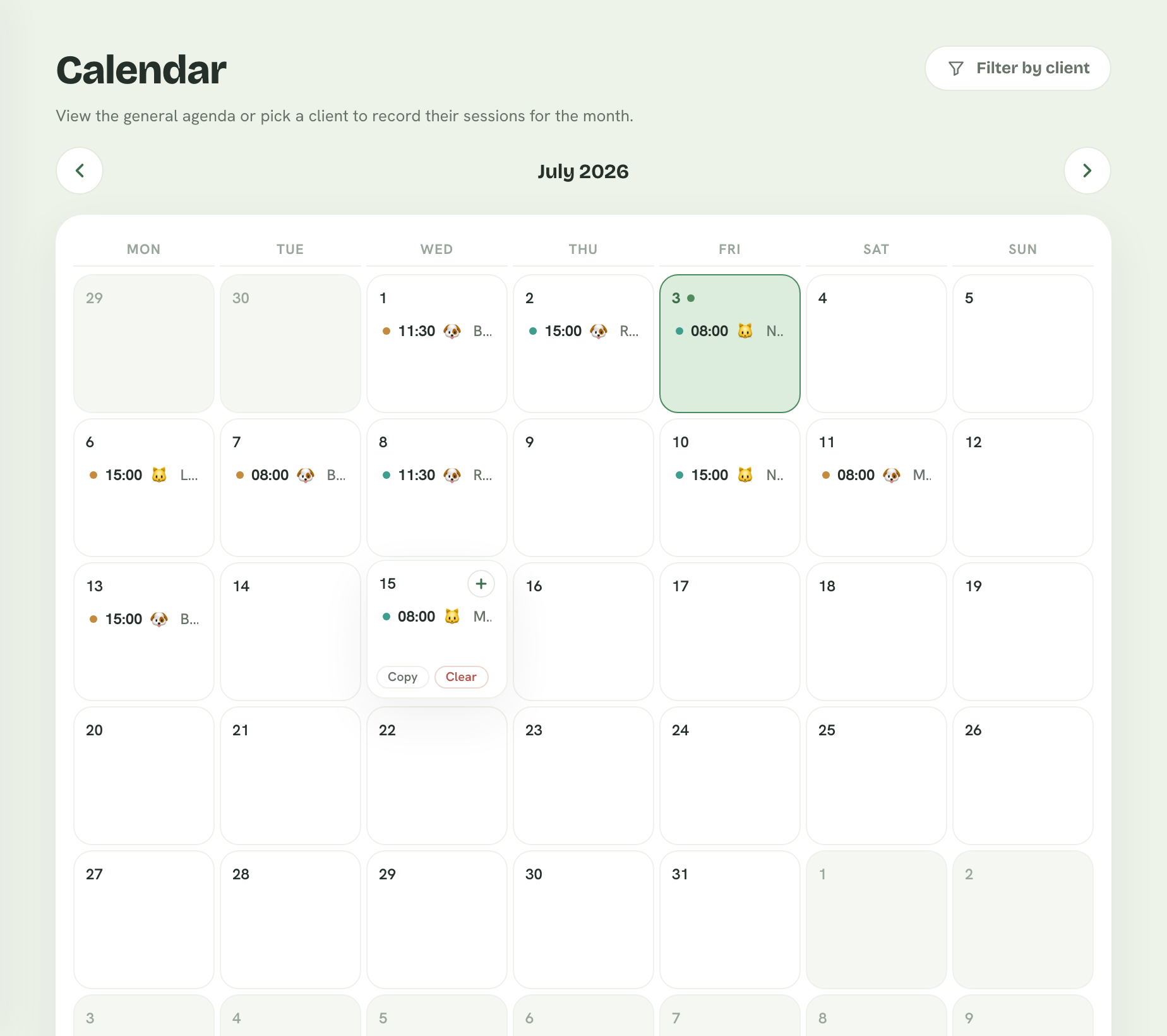 Pongo's monthly agenda view with sit sessions color-coded per pet