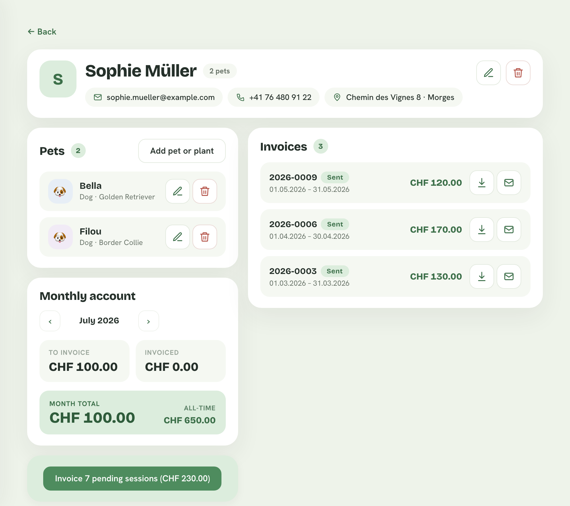 Client profile in Pongo: pet list, monthly account and sent invoices